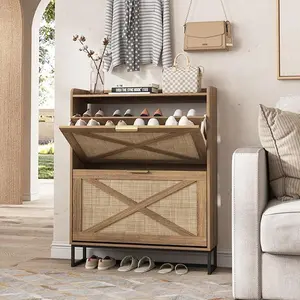 Vabches Shoe Storage Cabinet with 2 Rattan Flip Drawers, Freestanding Organizer with Metal Legs for Entryway, Narrow Shoe Rack Cabinet, Hidden Golden Handles, Rustic Oak Rattan