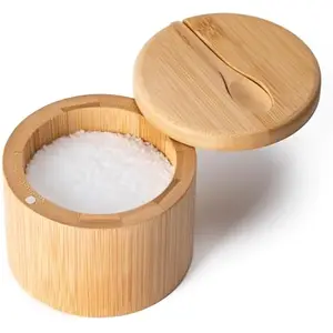 Round Wooden Salt Bamboo Salt Box with Swivel Magnetic Lid & Spoon – Round 6oz Salt Cellar Container for Salt, Pepper, Sugar, Herbs & Spices Storage Kitchen Utensils, Summer Essentials, Kitchen Appliances for New Home