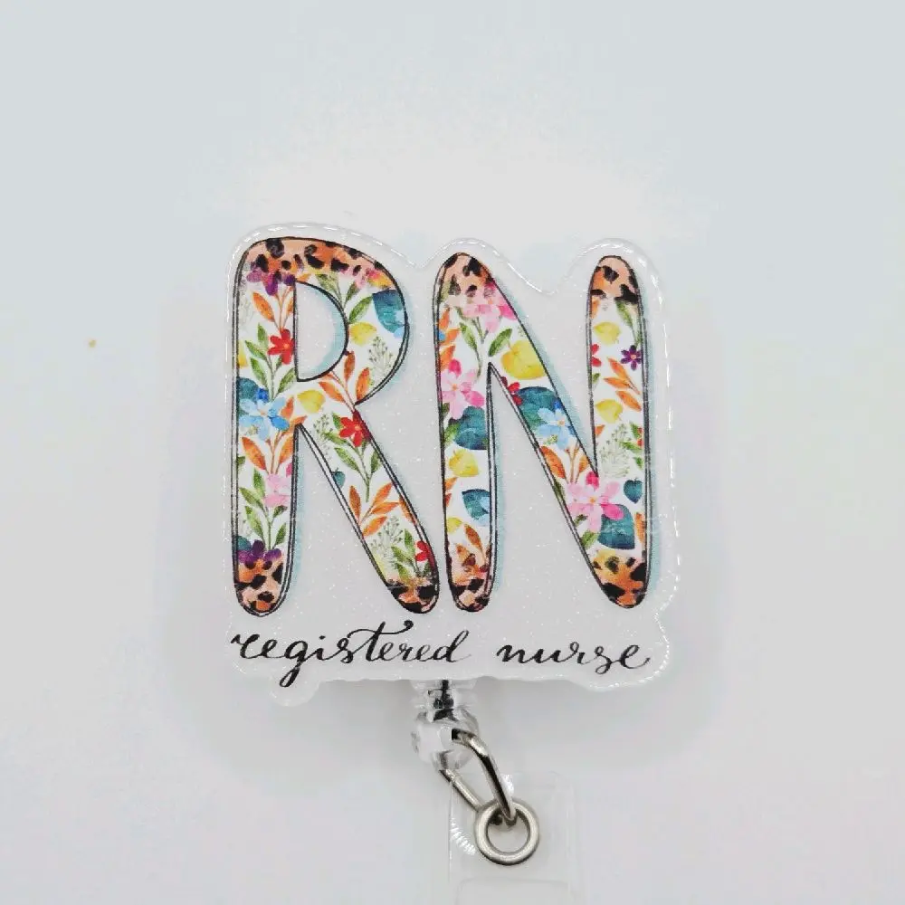 RN Registered Nurse Floral Pattern Acrylic Retractable Retractable Badge ID Reel Belt or Alligator Clip reels