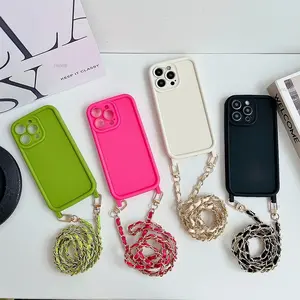 Solid Color Crossbody Leather Strap Phone Case for iPhone 16 15 14 Plus 13 12 11 Pro Max XR XS XSMAX Minimalist Silicone Shockproof Soft Case Crossbody Phone Lanyard