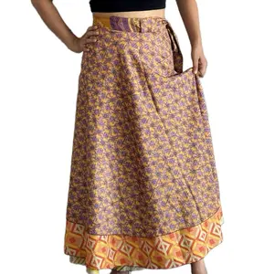 One Size Boho Style Multicolor Silk Wrap Skirt with Unique Yellow and Purple Patterned Reversible Design Womenswear Everyday Bohemian Elegant Vibe