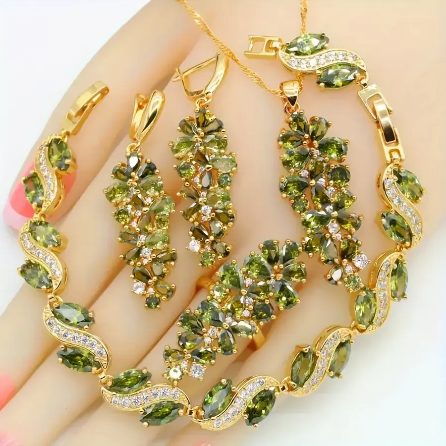 5pcs Luxury Creative Grape Vine Style Olive Green Cubic Zirconia Necklace Pendant Bracelet Open Ring Earrings Set 18K Golden-Plated Jewelry Set For Valentine's Day Weddings For Women Best Gift High End Jewelry Box Packaging
