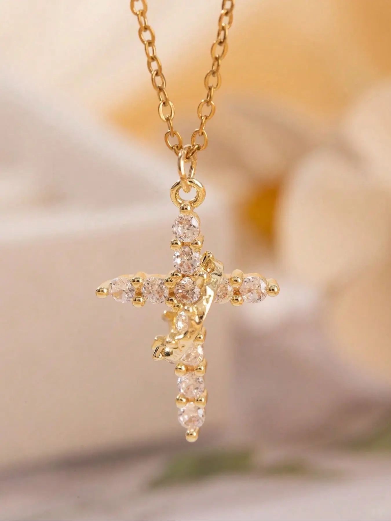 Elegant Crown Cross Pendant Necklace, Statement Religious Necklace, Copper Zirconia Inlay, Stainless Steel Chain, Perfect Gift for Girls All Seasons Jewelry, Sparkling CZ Necklace, Cross Necklaces
