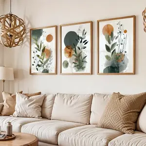 3 Pieces Nordic Botanical Line Orange Sage Green Art, Unique Creative Wall Mural, Modern Minimalist Home Art, Contemporary Gallery Decor, Warm Tone Painting, Wall Decor for Living Room and Studio, Framed or Unframed Options Available.