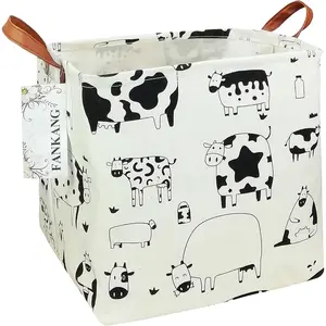 Square Nursery Hamper Storage Bins Canvas Laundry Basket Foldable with Waterproof PE Coating Storage Baskets Gift Baskets for Children, Office, Bedroom, Clothes（Square-Cows ）