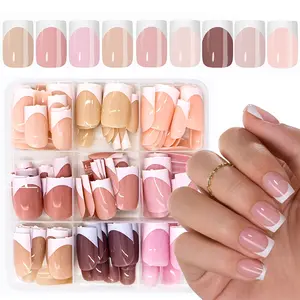 252Pcs Glossy French Tips Nails, Pink Nude Multicolored Short Square Press On Nails, Glossy False Nails, Full Cover Artificial French Nails Tips, Extensions Gel Nail Tips Nail Art DIY for Gifts, 14Sizes, Nail Art Tool