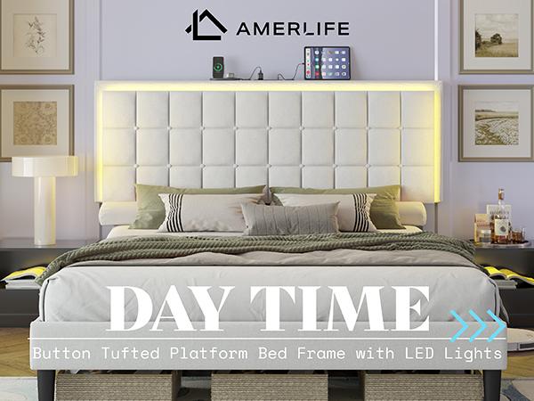 AMERLIFE Button Tufted Platform Bed Frame with LED Lights, Upholstered Bed Frame with Charging Station, Wood Slat Support, marco de cama/Best Gift Ideas/Christmas Gifts