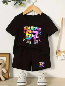 Six Seven Summer Boys' Cartoon Graffiti Short Sleeve Set, Cute and Cool Kids Fashion, Geometric Pattern, Slim Fit, Casual Style#Boys Summer Set #Kids Cartoon Clothes #Student Fashion Outfit