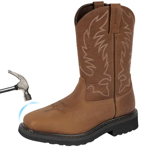 Men's Full-Grain Leather Lace-Up Cowboy Work Boots - Wide-Square Toe Fit, Steel Shank, Anti-Slip Rubber Sole, Embroidery, Above the Ankle But Below the Knee, Steel-Toe Impact Protection (Sizes 7-14, Size 10 Included) for Manufacturing, Construction
