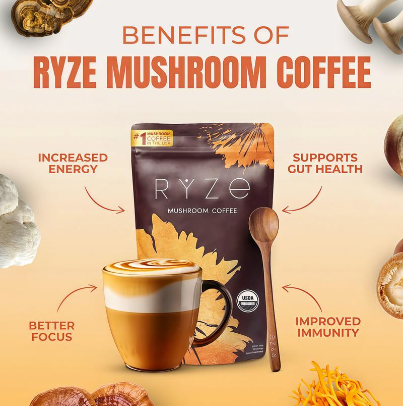 3 piece RYZE Mushroom Coffee USDA Organic with 6 Adaptogenic Mushrooms and MCT Oil BT, USA Grown Instant Coffee for Better Energy, Focus,Digestion, lmmunity with Turkey Tail, Shiitake,Lion's Mane, 30 Servings