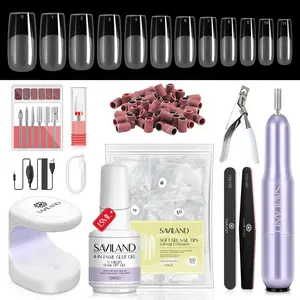 SAVILAND Gel Nail X Starter Kit: 500 Square Gel Nail Tips with Electric Drill, 0.5oz 4-in-1 UV Nail Glue Gel & Lamp — Complete At-Home Nail Art & Salon Manicure Set for Women
