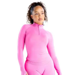 (With Logo) DFYNE Impact Half Zippy Crop Top & Seamless Long Sleeve Pants Set for Women - High Elastic Quick-Dry Sports Wear for Summer