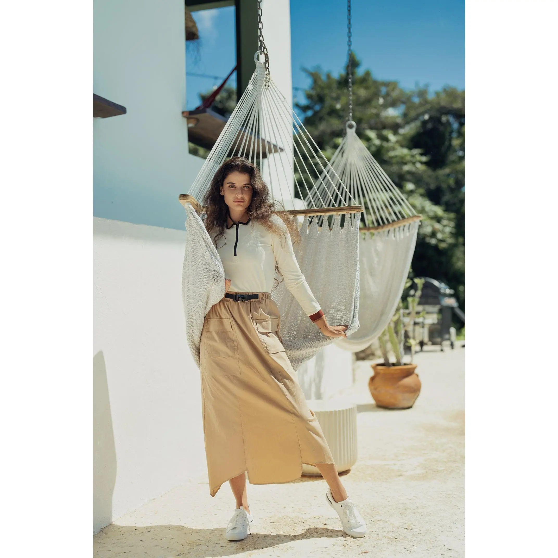 Buckle Cargo Skirt-Tan