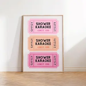 Shower Karaoke Print Poster Bathroom Preppy Art Retro Ticket Poster Pink Orange Funky Wall Art Trendy Aesthetic Decor for Living Rooms Dormitories and Kitchen