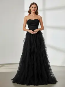 Elegant Ruffled Maxi Dress, Sleeveless Contrast Mesh Design, Formal, Perfect for Evening Parties & High-End Social Events