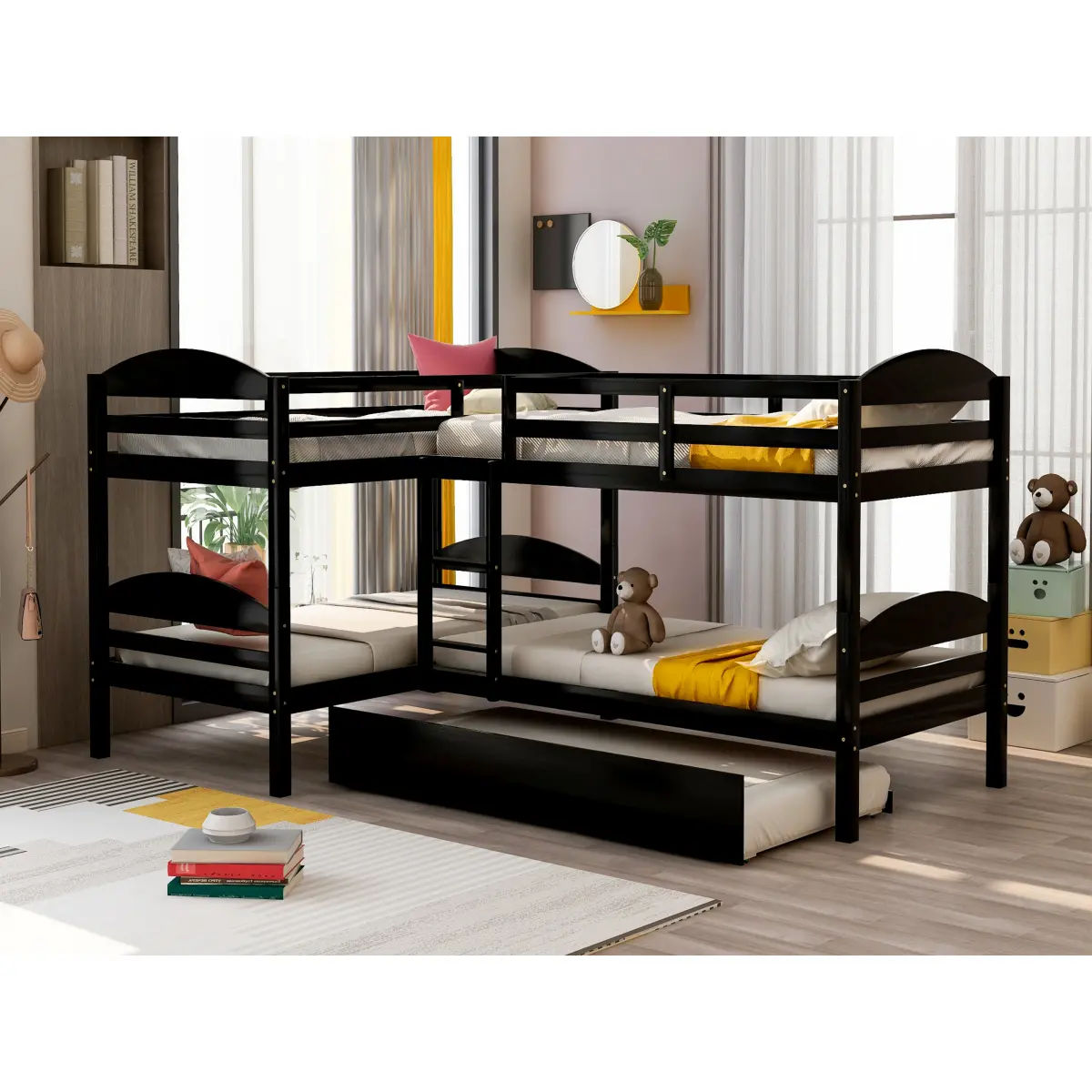 Quad Bunk Bed Twin Size L-Shaped Bunk bed for 4, Solid Wood Bunk Bed with Trundle for Kids Teens Adults