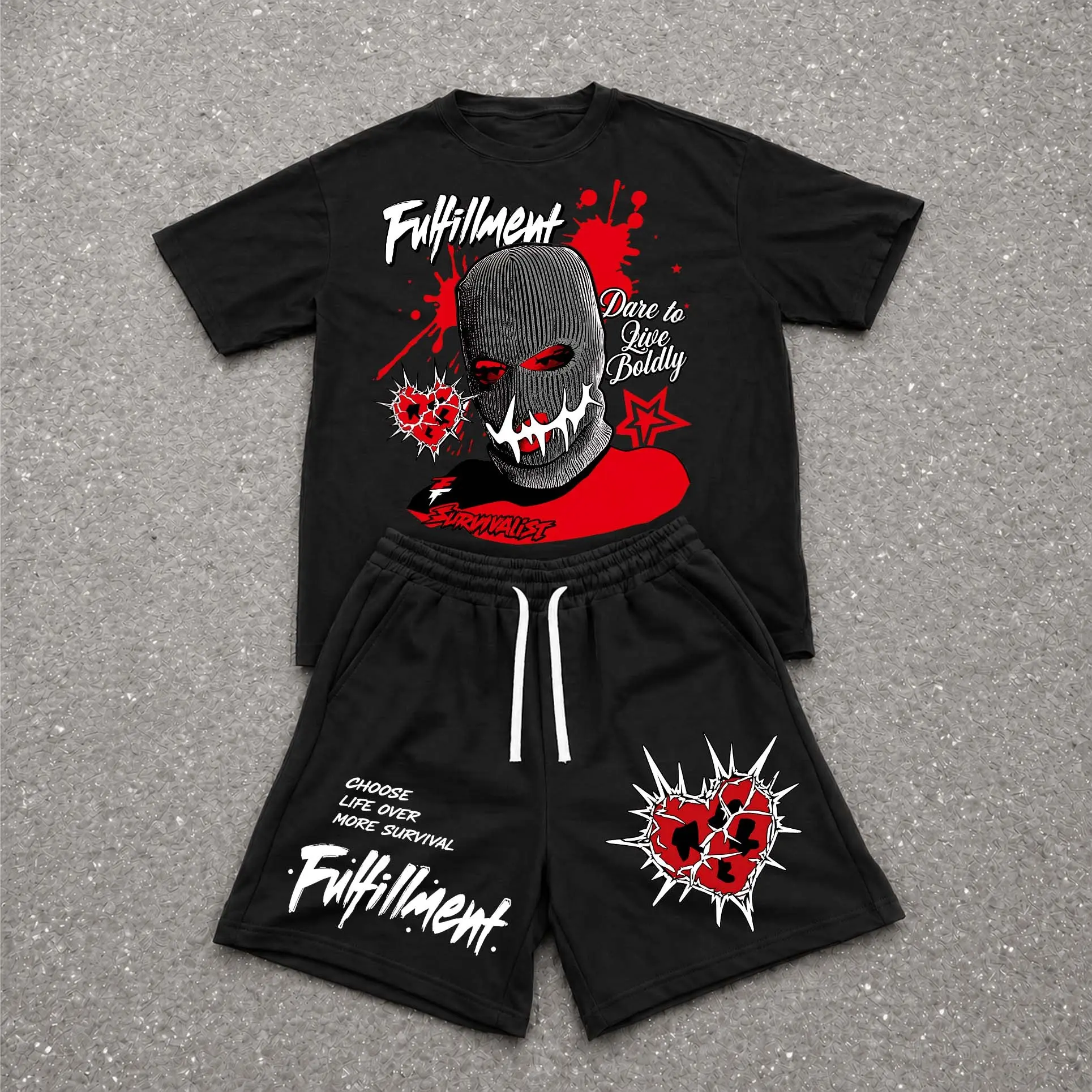 Men’s Summer 2 Piece Set, Steel The Masked Man Me Hiphop Street Style Letter Print Short Sleeve T Shirt and Drawstring Shorts Matching Outfit, Lightweight Breathable Casual Set for Travel, Streetwear, Beach, Vacation, and Daily Wear