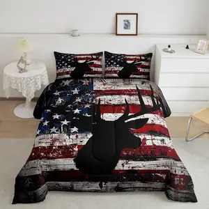 American Flag Comforter Set,Deer Comforter,Room Decorative Antlers Bedding Set,Farmhouse Deer Hunting Red Blue Duvet Set,Room Decor Quilt Set