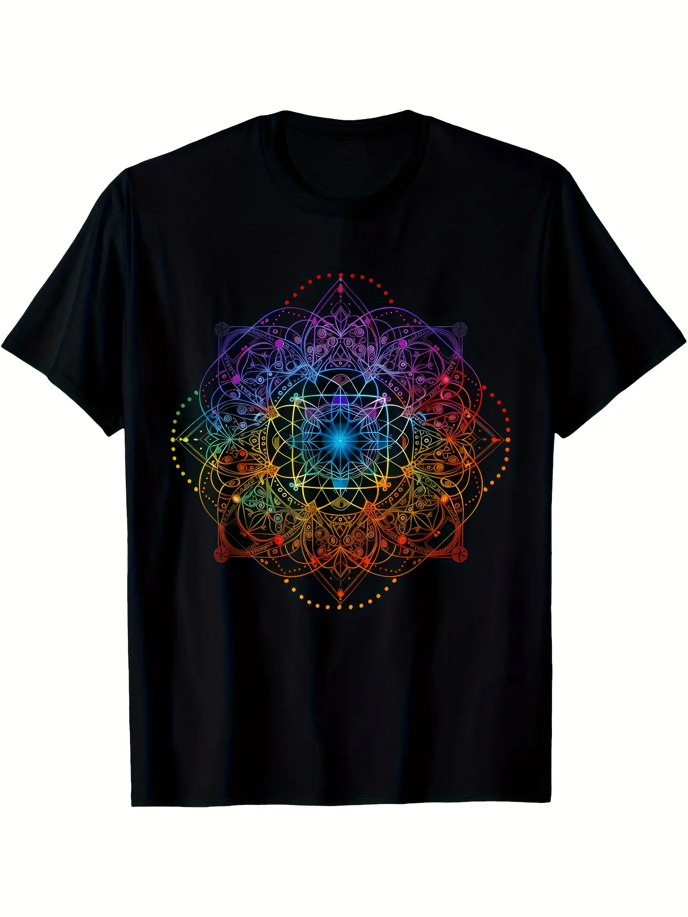 Men'S T-Shirt Featuring a Metatron Cube Design in Sacred Geometry - a  Loose Fit Retro Spiritual Yoga Tee Adorned with a Multicolored Mandala Pattern (Purple, Pink, Orange, Red) Available in Extra Long Plus Sizes