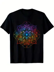 Men'S T-Shirt Featuring a Metatron Cube Design in Sacred Geometry - a 100% Loose Fit Retro Spiritual Yoga Tee Adorned with a Multicolored Mandala Pattern (Purple, Pink, Orange, Red) Available in Extra Long Plus Sizes