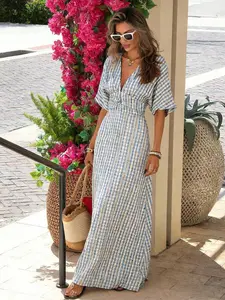 PariChic Women's Casual Blue And White Plaid Deep V Neck Batwing Half Sleeve Maxi A Line Dress With Knot Detail Ins Blogger Favorite Summer French Blue White Gingham Textured Maxi Dress, V Neck Short Sleeve Waist-Cinched Vacation Dress, Boho Breathable Sl