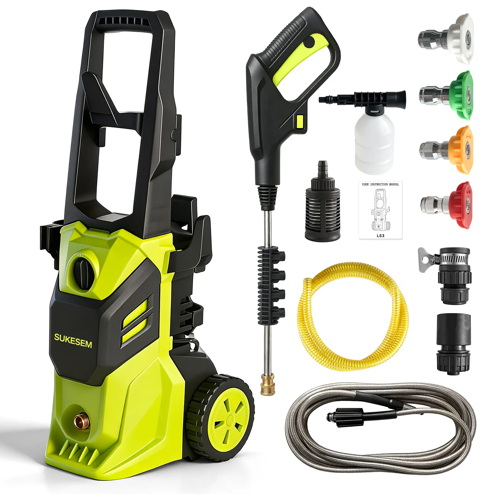 SUKESEM High-Pressure Electric Washer - 5 Spray Modes, Foam Cannon, Detergent Bottle, Portable Cleaner for Cars, Driveways, Home Cleaning, Pressure Washer Portable