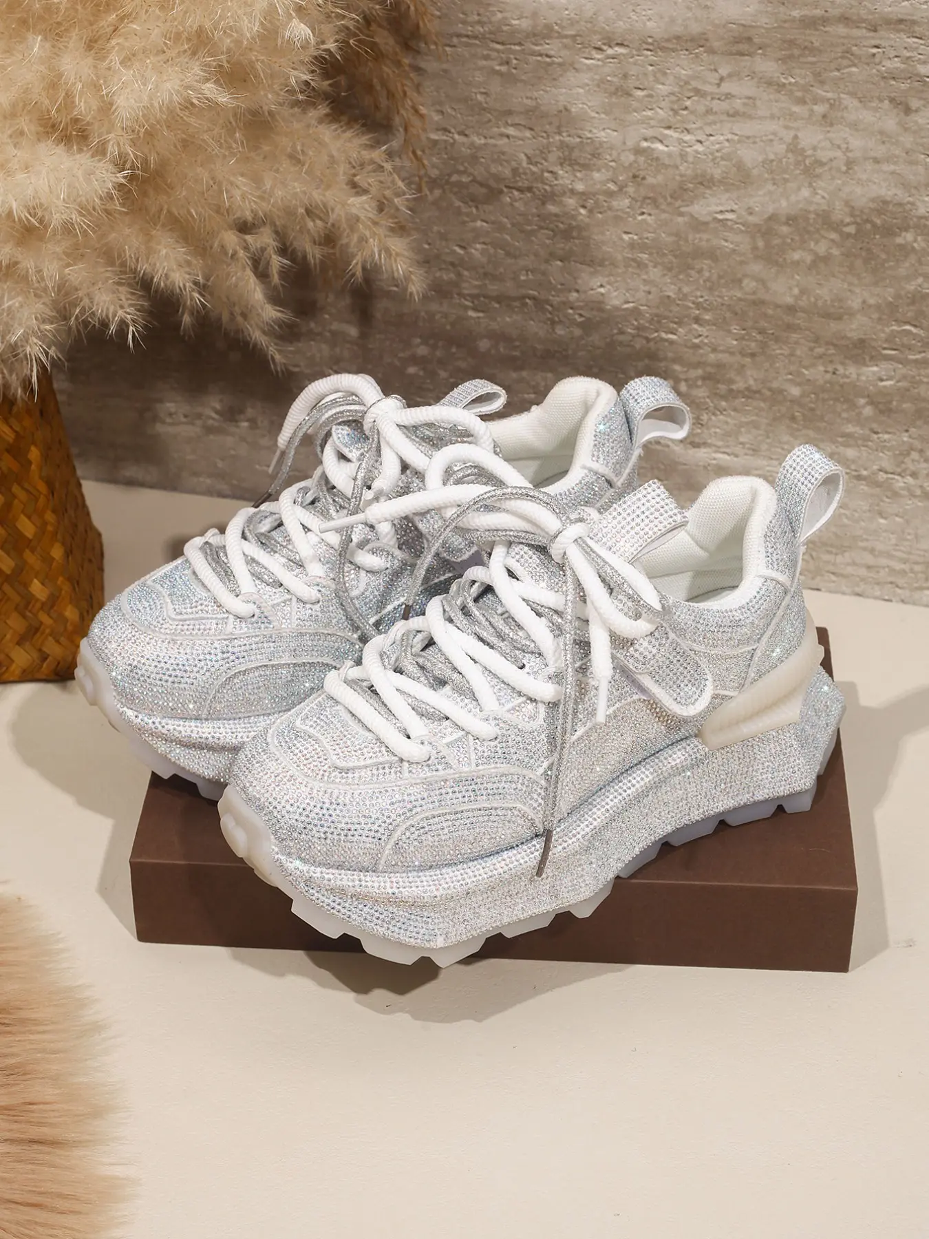 Spring Summer New Rhinestone Chunky Sole Dad Shoes for Women, Rose Full Diamond Shiny Height Increasing Casual Trainer Platform Sneakers Footwear, Thick Soled Shoes