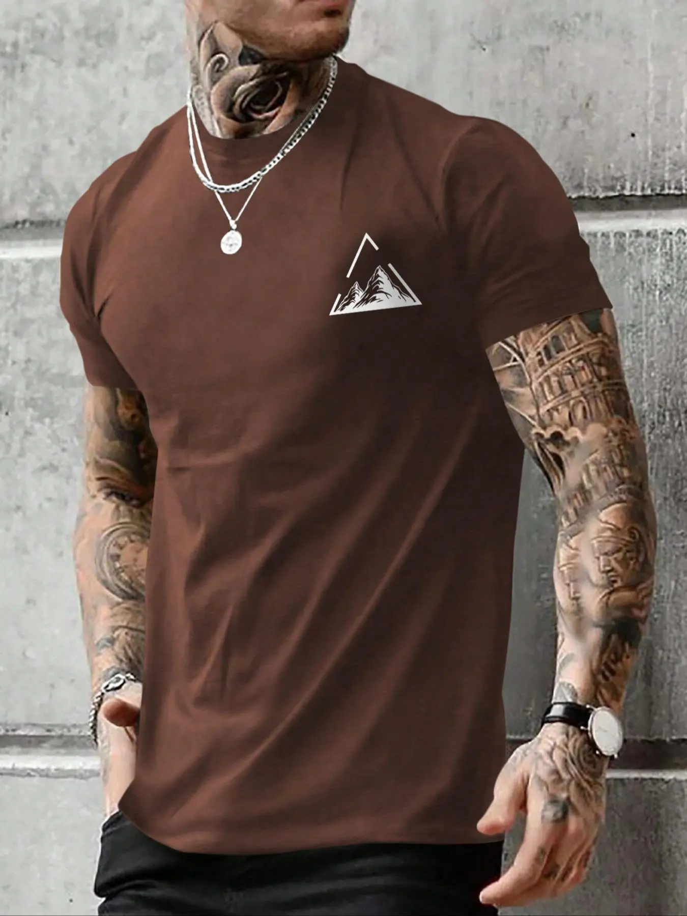 Men's Mountain Print Round Neck Tee, Casual Short Sleeve Crew Neck T-shirt for Summer, Men's Top for Daily Wear, Athletic Shirt, Athletic Sports Clothing, Athletic Apparel, Sporty T Shirt, Athletic Fashion Activewear, Athletic T Shirts