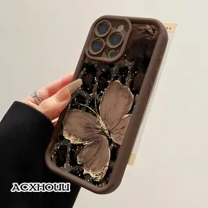Softcase for iPhone11/12/13/14/15/16/17/promax/x/xs/xr/xsmax CaseGlittering Brown Butterfly Leopard Anti-Fall Shockproof Protective Slim Cover
