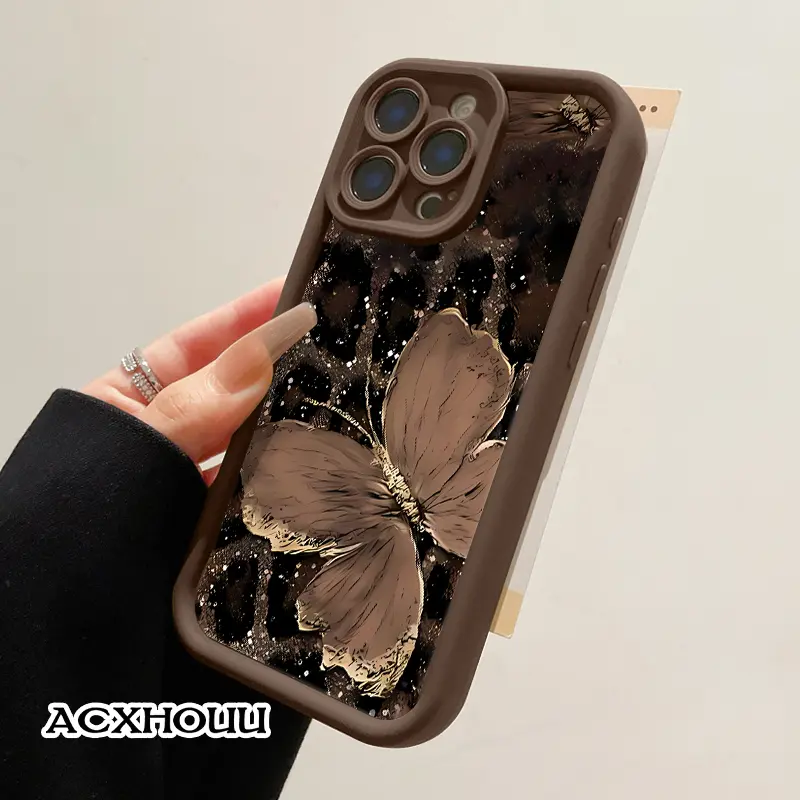 Softcase for iPhone11/12/13/14/15/16/17/promax/x/xs/xr/xsmax CaseGlittering Brown Butterfly Leopard Anti-Fall Shockproof Protective Slim Cover