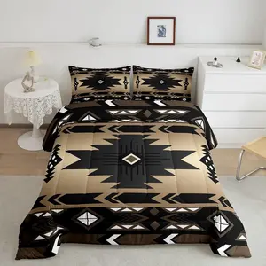 Western Boho Bedding Set,Aztec Quilt,Ethnic Tribal Arrow Comforter Set,Bohemian Stripes Western Room Decor Southwestern Decor Quilt Set,Black Brown