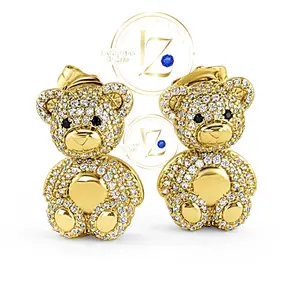 Bear Earrings - Gold Color with Rhinestone Accents and Cute Design