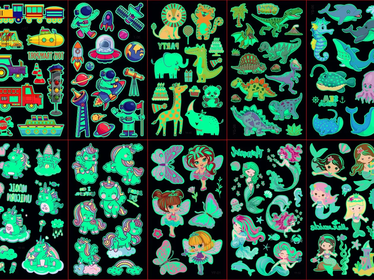 10 Sheets Luminous Tattoos for Kids, Cartoon Temporary Tattoos Stickers with Mermaid/Butterfly/Unicorn/Dinosaur for Children, Glow Party Supplies Gift