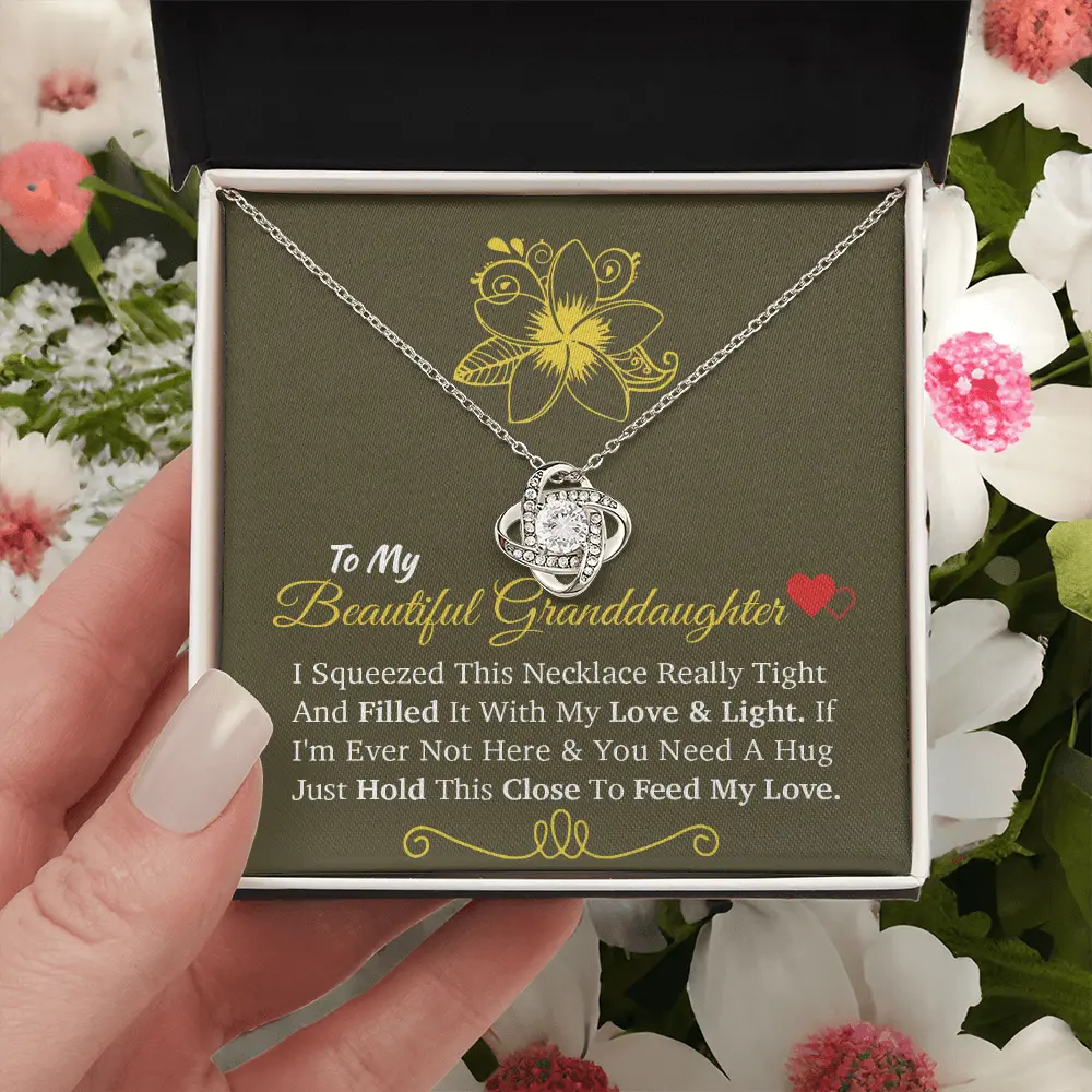 To My Beautiful Granddaughter Love Knot Necklace, Premium 14k White Gold Finish Pendant Jewelry with Sentimental Message Card, Meaningful Birthday Graduation Keepsake Gifts for Her, Luxury LED Gift Box Included