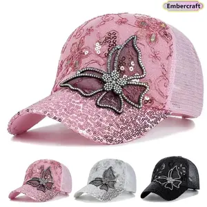 Trendy Butterfly Lace Baseball Cap for Women, Breathable Mesh Glitter Hat, Y2K Aesthetic Summer Sun Hat for Outdoor, Travel, Festival and Daily Outfit, Hats For Women