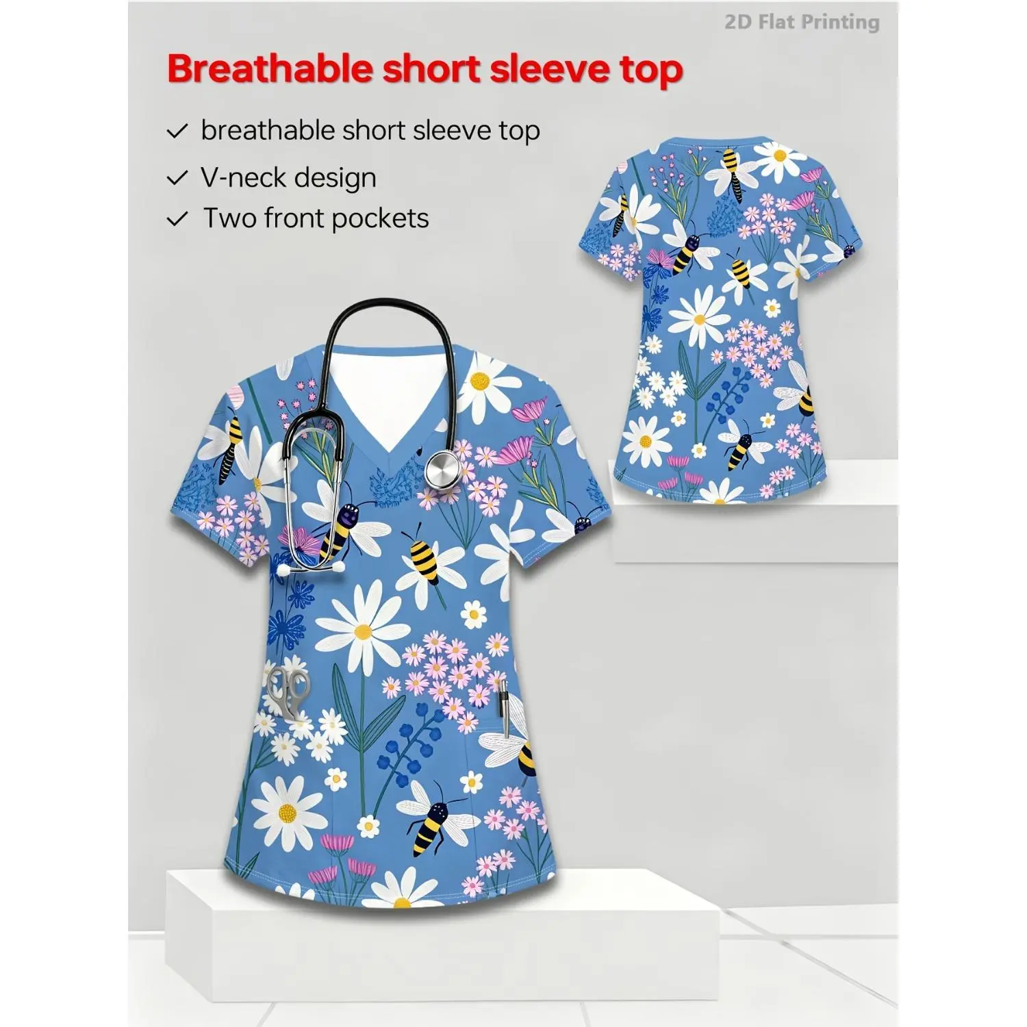 Elegant Women's V-Neck Short Sleeve Top with Pocket Design, Featuring Fresh Daisy and Bee Print, Tummy-Control Effortless Commuter T-Shirt