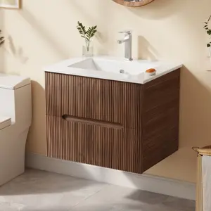 24" Floating Bathroom Vanity with Sink, Wall-Mounted Sink Cabinet with 2 Soft-Close Drawers, Black/Walnut/White
