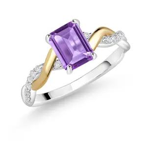 Emerald Cut Gemstone Birthstone and Lab Grown Diamond Engagement Ring | 925 Silver and 10K Yellow Gold | Emerald Cut 7X5MM | Wedding Anniversary Promise Ring | Available In Size 5-9