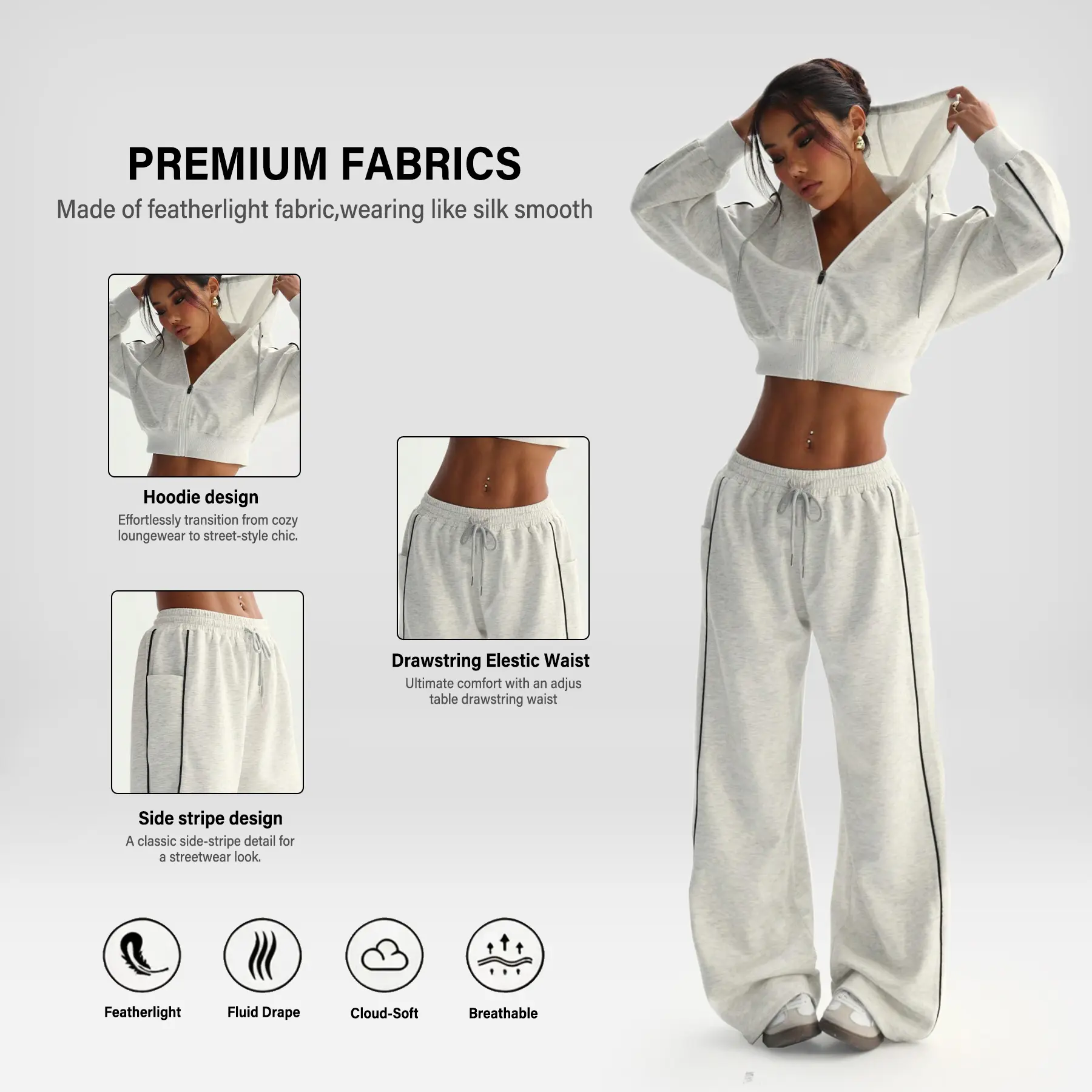 Women's Matching Sets 2 Piece Cropped Hoodie and Wide Leg Sweatpants Outfits Side Stripe Contrast Piping Drawstring Waist Oversized Soft Fleece Casual Streetwear Tracksuit Loungewear Athleisure Set