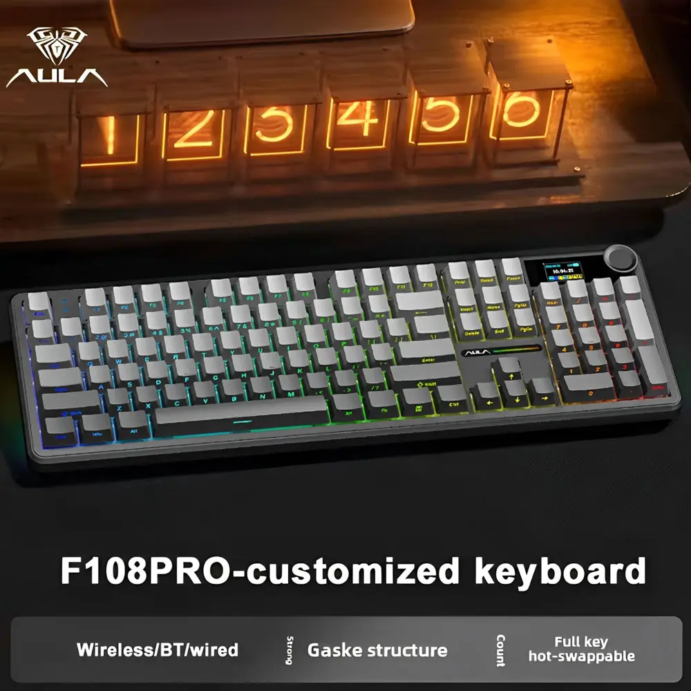 AULA F108 Pro Full Size Wireless Mechanical Gaming Keyboard with Knob Smart Screen Num Pad Tri-Mode RGB Backlit Hot Swappable Customize Keyboard E-Sports Office Computer Accessories F108Pro Red 8000mAh Battery 3ms Response summerwins