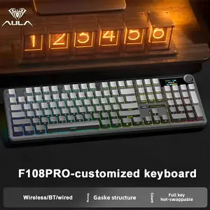 AULA F108 Pro Full Size Wireless Mechanical Gaming Keyboard with Knob Smart Screen Num Pad Tri-Mode RGB Backlit Hot Swappable Customize Keyboard E-Sports Office Computer Accessories F108Pro Red 8000mAh Battery 3ms Response