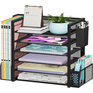 6 Tier Desk File Organizer, Paper Letter Tray Organizer with File Holder and Pen Container, Black