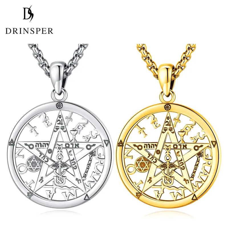 DRINSPER 925 Sterling Silver Central Jewellery Pendant Necklace - Pentacle Tetragrammaton Design, Unisex 61 cm Chain, 1.10*1.50 in (28*38 mm) Size, Auspicious Protection Amulet, Gift Box Included (Dongguanshi Changda Shoushi Ltd.)