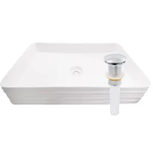 Novatto NP-208513CH Rectangular White Porcelain Grooved Exterior Bathroom Sink with Chrome Drain