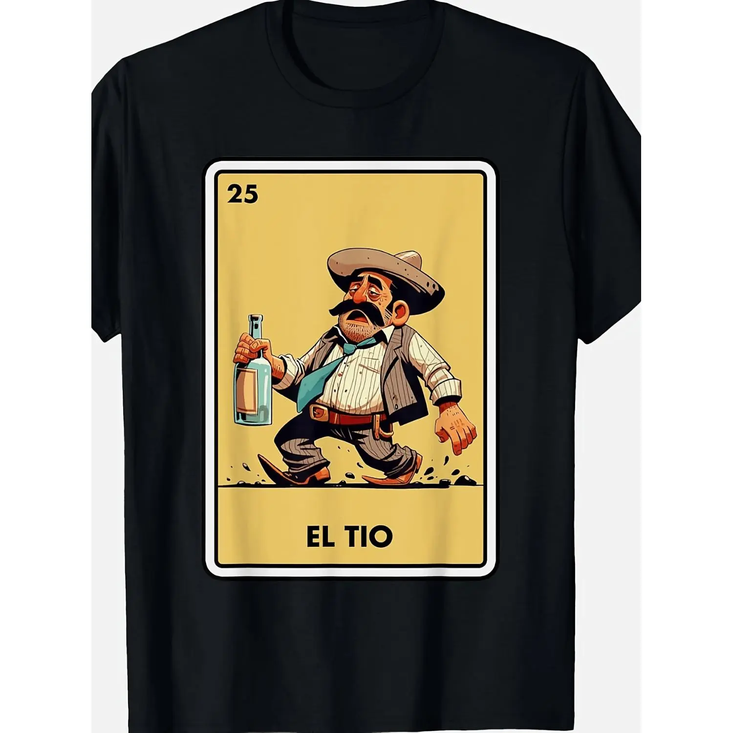 Men's Vintage Mexican Bingo Card Graphic T-Shirt, Loose-Fit Humorous Tio Drinking Uncle Design, Mexican Cultural Party Casual Wear