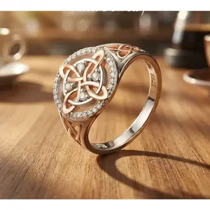 925 Sterling Silver Rose Gold Plated Witches Knot Ring, Anillo Nudo de Bruja Plata 925 Original Celtic Knot Jewelry, Cubic Zirconia Decorated S925 Witch's Knot Ring, Witchtok Witch Jewerly Pagan Jewelry for Devotion for Protection