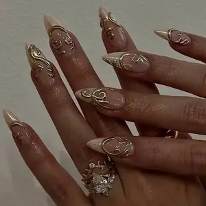 SHEDARES Gold Swirl Charm – Handmade Press-On Nails with Minimalist Gold Wave & Nude Base – Perfect for Glam Nights & Holiday Parties