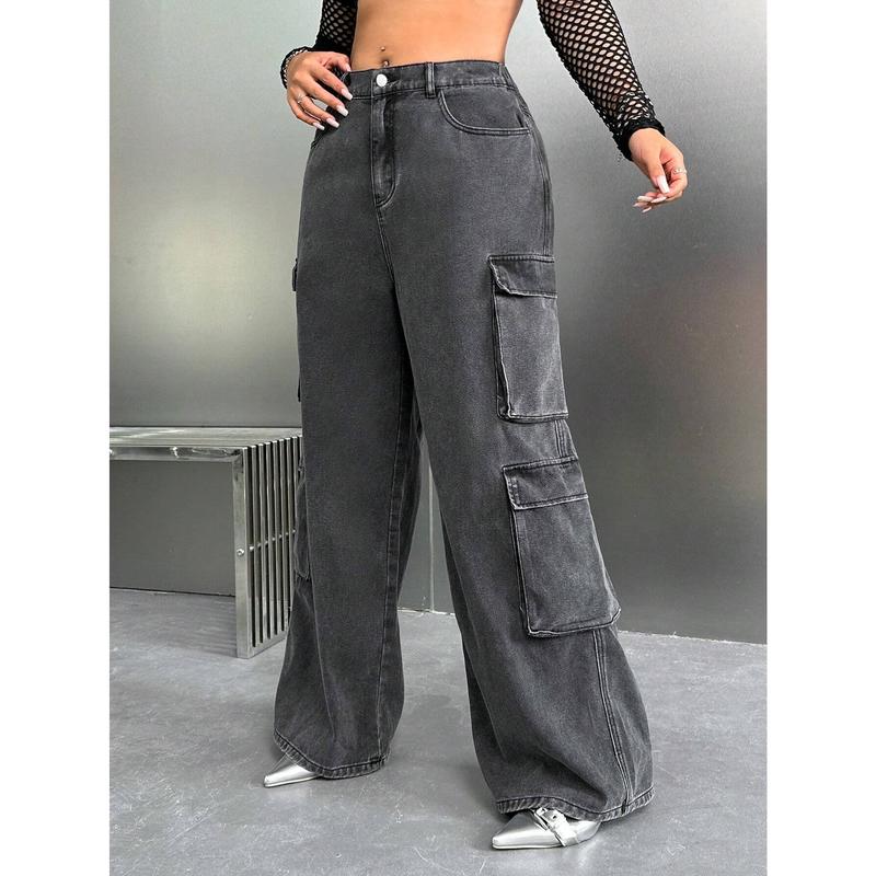 SHEIN X Virginia & Zefelipe Y2K High Waist Black Cargo Pocket plus Size Straight Leg Jeans SHEIN