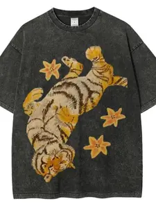 Vintage Washed Lazy Tiger Statement Graphic Pattern Fitted Long T-Shirt, Unisex Fashion, Perfect Gift for Men and Women, Casual Streetwear Style Clothing