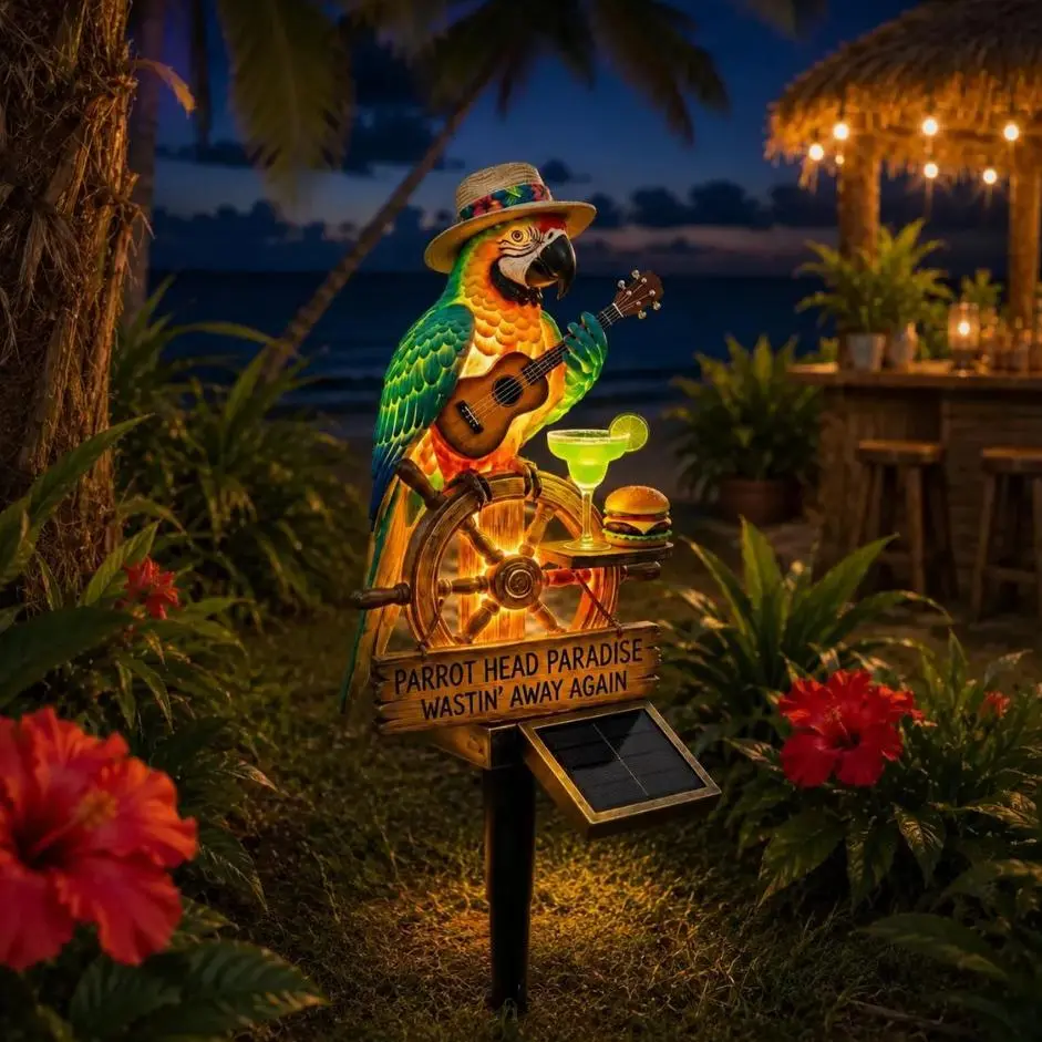 Solar Parrot Garden Stake Nightlight - Waterproof LED Outdoor Decor, Tropical Tiki Bar Accent Ornament, Parrot Head Ukulele Lover Gift (Margaritaville-Inspired)